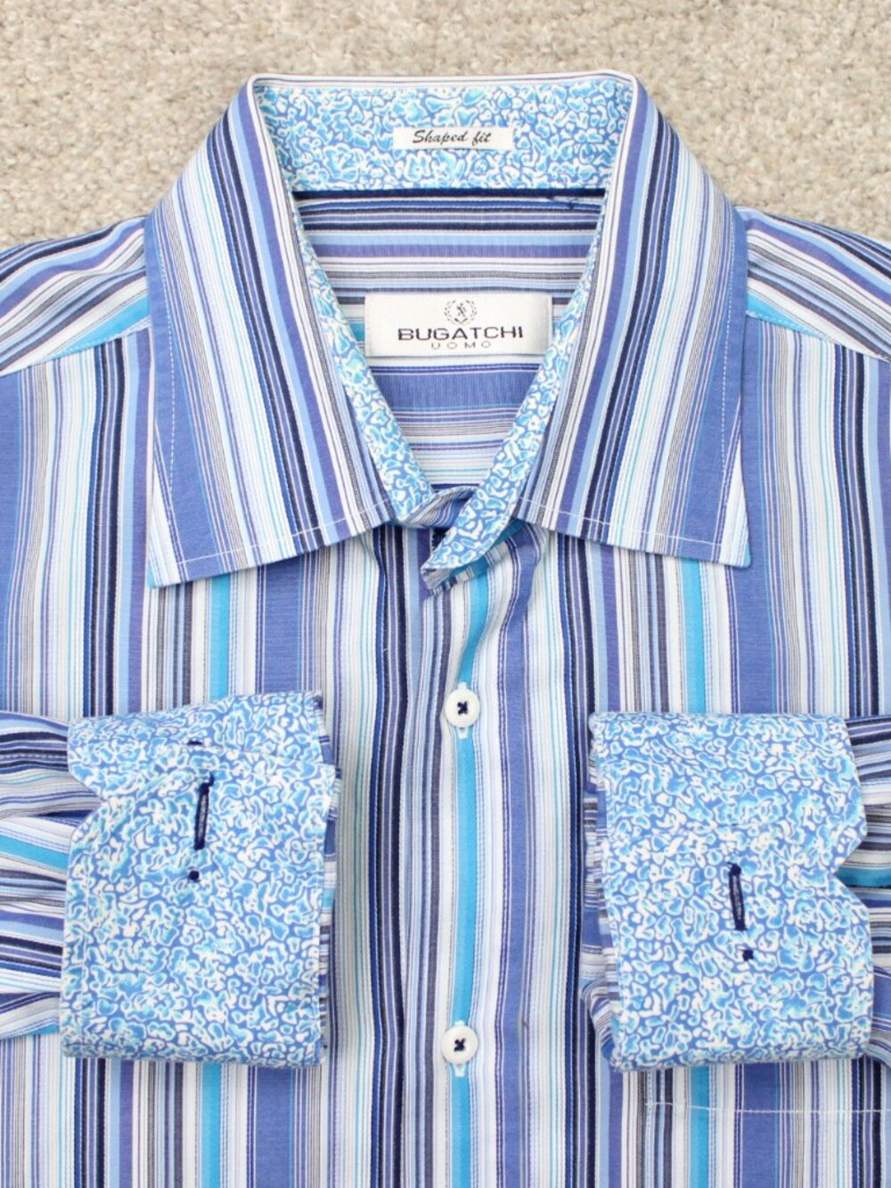 Bugatchi Uomo Shirt Mens XL Blue Striped Shaped Fit Cotton Long Sleeve Button Up